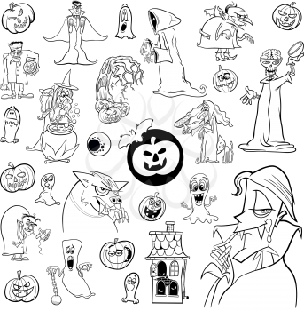 Black and White Cartoon Illustration of Halloween Holiday Design Elements Set
