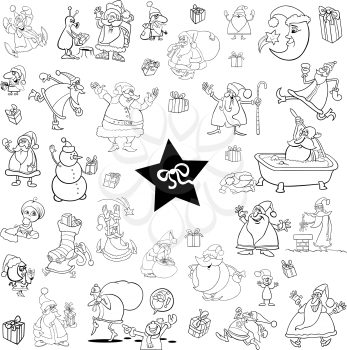 Black and White Cartoon Illustration of Christmas Themes and Characters Clip Arts Set