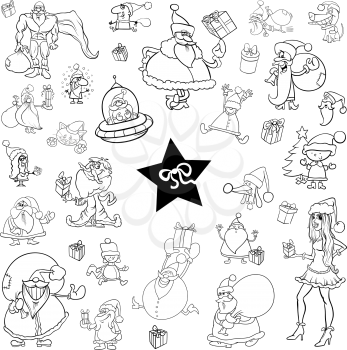 Black and White Cartoon Illustration of Christmas Characters and Design Elements Clip Arts Set