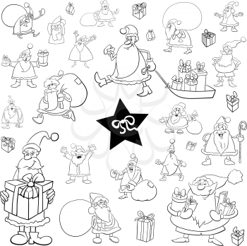 Black and White Cartoon Illustration of Christmas Characters and Objects Clip Arts Set