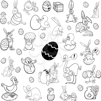 Black and White Cartoon Illustration of Easter Characters and Objects Clip Art Set