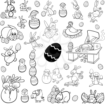 Black and White Cartoon Illustration of Easter Characters and Themes Clip Art Set