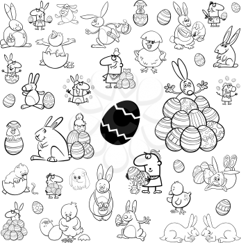 Black and White Cartoon Illustration of Easter Characters and Design Elements Clip Art Set