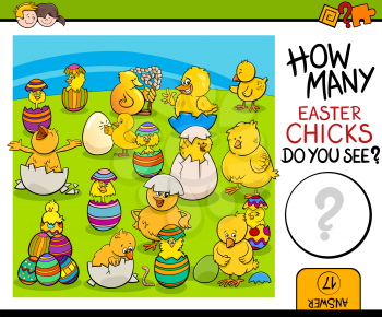 Cartoon Illustration of Educational Counting Task for Preschool Children with Easter Chicks Characters