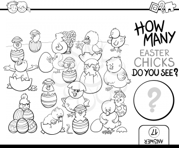 Black and White Cartoon Illustration of Educational Counting Task for Preschool Children with Easter Chicks Characters Coloring Page