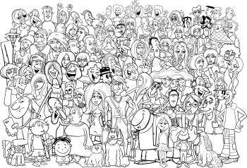 Black and White Cartoon Illustration of Large People Group in the Crowd