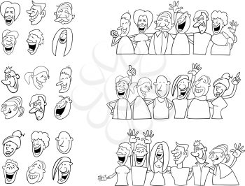 Black and White Cartoon Illustration of Happy People Large Set