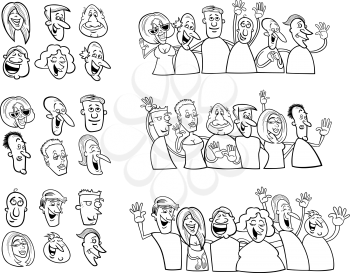 Black and White Cartoon Illustration of Happy People Large Collection