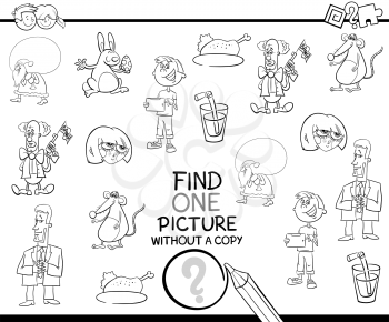 Black and White Cartoon Illustration of Educational Activity of Finding Picture without Pair for Children Coloring Book