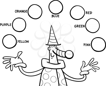 Black and White Cartoon Illustration of Primary Colors Educational Coloring Activity for Children with Clown