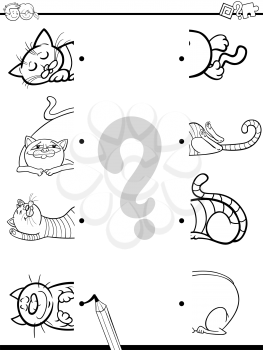 Black and White Cartoon Illustration of Preschool Education Activity of Matching Halves Task with Cat Characters for Coloring