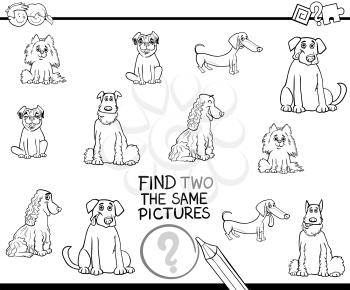 Black and White Cartoon Illustration of Find Two Exactly the Same Pictures Educational Activity for Children with Purebred Dogs Coloring Page