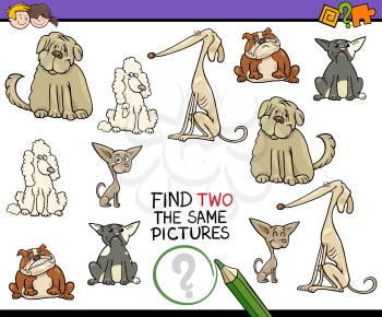 Cartoon Illustration of Find Two Exactly the Same Pictures Educational Activity for Children with Dogs