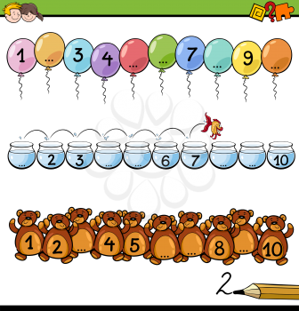 Cartoon Illustration of Educational Mathematical Activity for Children with Count to Ten Task