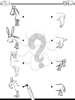 Black and White Cartoon Illustration of Educational Activity of Matching Halves with Farm Animal Characters for Coloring