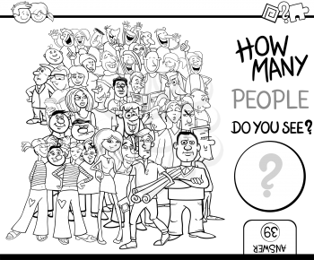 Black and White Cartoon Illustration of Educational Counting Task for Children with People Characters Crowd Coloring Book