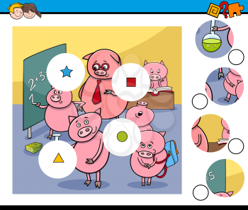 Cartoon Illustration of Educational Match the Elements Activity for Children with Piglet Student Characters