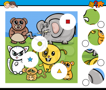 Cartoon Illustration of Educational Match the Elements Game for Children with Animal Characters