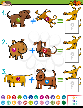 Cartoon Illustration of Educational Mathematical Addition Activity Task for Children with Dog Characters