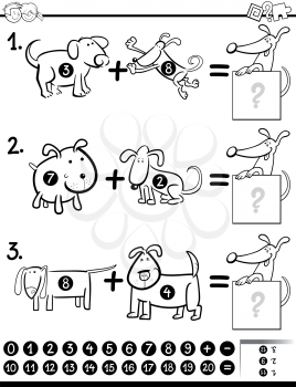Black and White Cartoon Illustration of Educational Mathematical Addition Activity Task for Children with Dog Characters Coloring Book