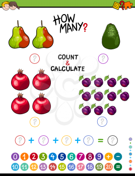 Cartoon Illustration of Educational Mathematical Counting and Addition Task for Children