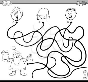 Black and White Cartoon Illustration of Paths or Maze Puzzle Activity with Santa Claus Character and Kids Coloring Book