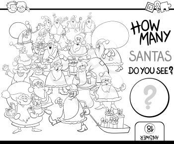 Black and White Cartoon Illustration of Educational Counting Activity for Children with Santa Claus Characters Group Coloring Page
