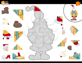 Cartoon Illustration of Educational Jigsaw Puzzle Activity for Children with Santa Claus Character