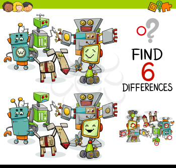 Cartoon Illustration of Finding the Difference Educational Activity for Children with Robot Characters