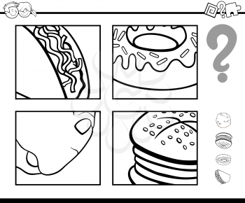 Black and White Cartoon Illustration of Educational Activity Task of Guessing Food Objects for Children Coloring Page