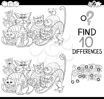 Black and White Cartoon Illustration of Finding Details Educational Activity for Children with Cats Animal Characters Coloring Book
