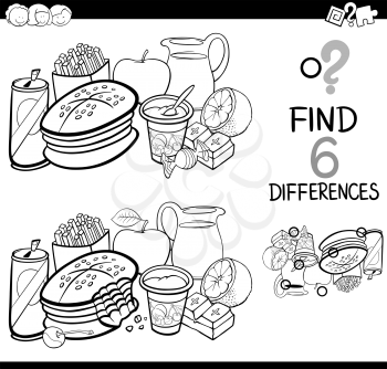 Black and White Cartoon Illustration of Finding the Difference Educational Activity for Children with Food Objects Coloring Page