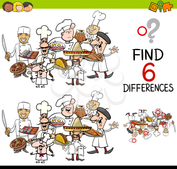Cartoon Illustration of Finding the Difference Educational Activity for Children with Cook Characters