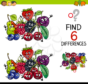 Cartoon Illustration of Finding the Difference Educational Activity for Children with Fruit Characters