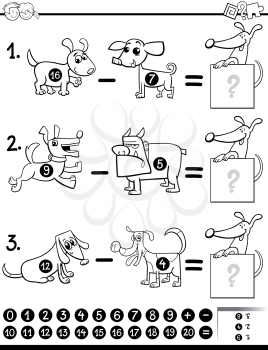 Black and White Cartoon Illustration of Educational Mathematical Subtraction Activity Task for Children with Dog Characters Characters Coloring Book