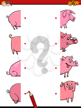 Cartoon Illustration of Educational Activity of Matching Halves with Pig Farm Animal Characters