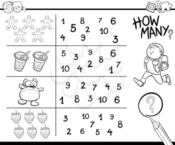 Black and White Cartoon Illustration of Educational Counting Activity for Children Coloring Page