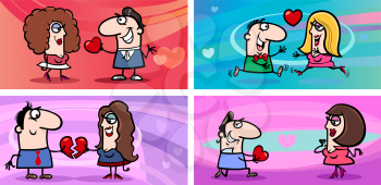 Cartoon Illustration of Greeting Cards Set with People in Love on Valentines Day Time