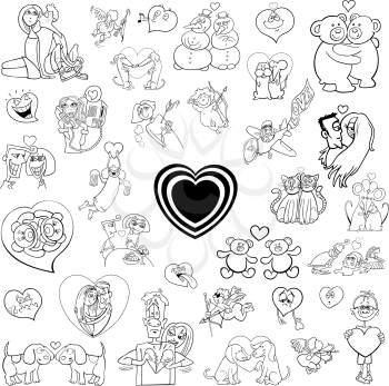 Black and White Cartoon Illustration of Valentines Day Characters and Design Elements Clip Art Set