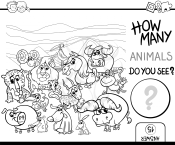 Black and White Cartoon Illustration of Educational Counting Maths Activity for Children with Wild Animal Characters Coloring Page