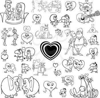 Black and White Cartoon Illustration of Valentines Day Characters and Design Elements Set