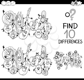Black and White Cartoon Illustration of Finding Details Educational Activity for Children with Vegetable Characters Coloring Book