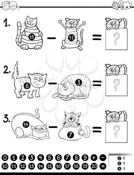 Black and White Cartoon Illustration of Educational Mathematical Subtraction Game for Children with Cat Characters Coloring Book