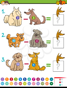 Cartoon Illustration of Educational Mathematical Subtraction Game for Children with Dog Characters