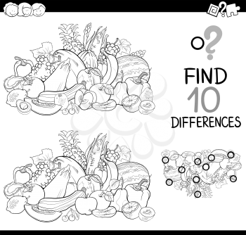 Black and White Cartoon Illustration of Finding Details Educational Activity for Children with Fruits and Vegetables Coloring Page