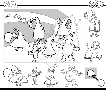 Black and White Cartoon Illustration of Educational Activity for Preschool Children with Santa Claus Characters on Christmas Time Coloring Page