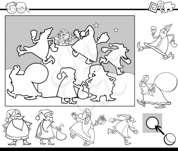 Black and White Cartoon Illustration of Educational Activity for Preschool Children with Santa Claus Characters on Christmas Coloring Page