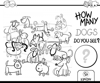 Black and White Cartoon Illustration of Educational Counting Game for Children with Cute Dog Characters Coloring Book