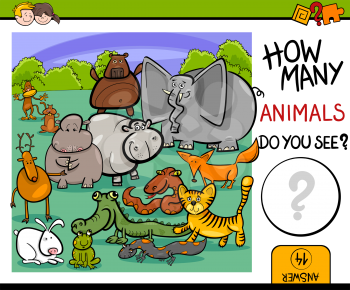 Cartoon Illustration of Educational Counting Maths Activity for Children with Wild Animal Characters