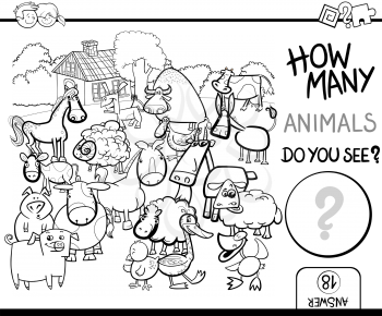 Black and White Cartoon Illustration of Educational Counting Math Activity for Children with Wildlife Animal Characters Coloring Book